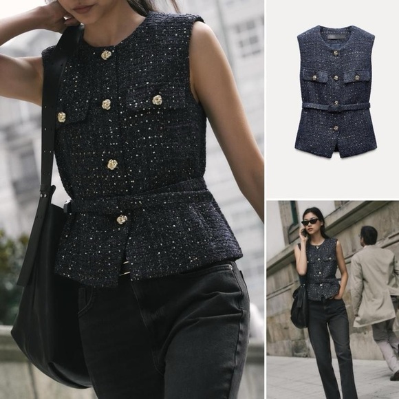 NWT ZARA BELTED SEQUIN STRUCTURED VEST - Picture 1 of 16